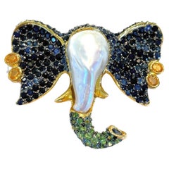 Bochic “Orient” Elephant Brooch, Sapphire, Emerald & Set In 18K Gold & Silver