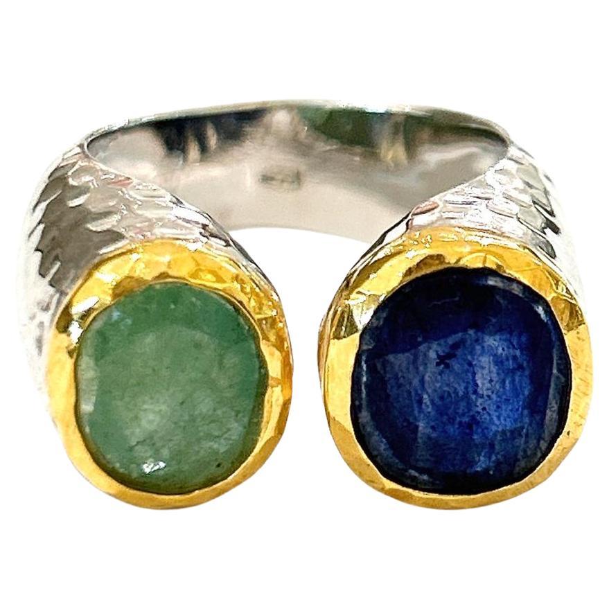 Bochic “Orient” Emerald & Blue Sapphire Ring Set In 18K White Gold & Silver For Sale