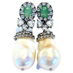 Bochic “Orient” Emerald, Rose Topaz & Pearl Earrings Set In 18K Gold & Silver 