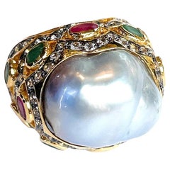 Bochic “Orient” Emerald, Ruby & Diamond Ring Set In 18K Gold & Silver