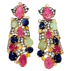 Bochic “Orient” Emerald, Ruby & Multi Sapphire Earrings Set 18K Gold&Silver 