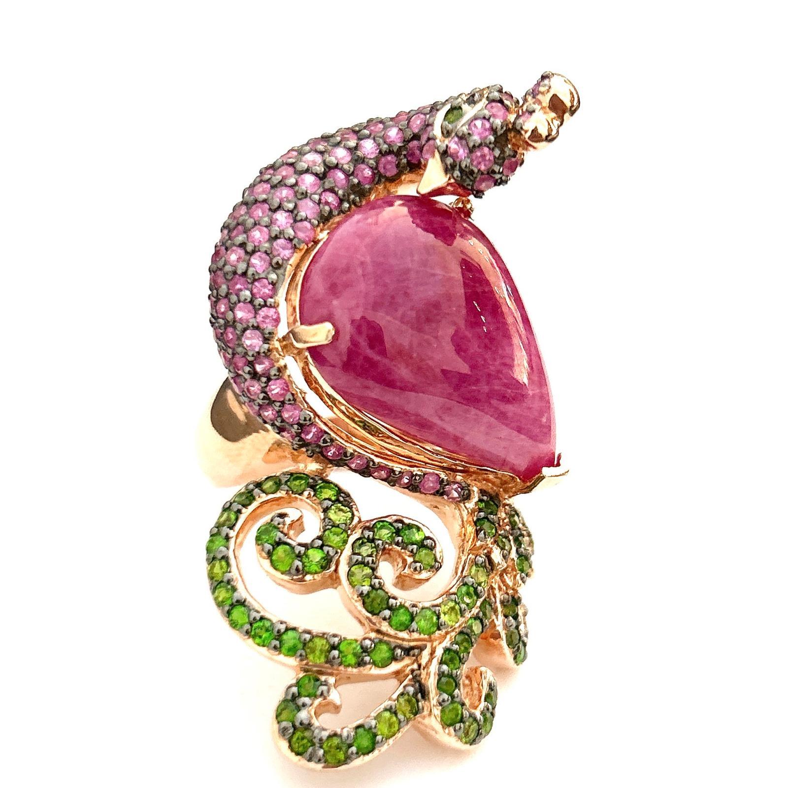 Bochic Orient Smaragd< Rubin & rosa Saphir Ring aus 18 Karat Gold und Silber im Angebot 7