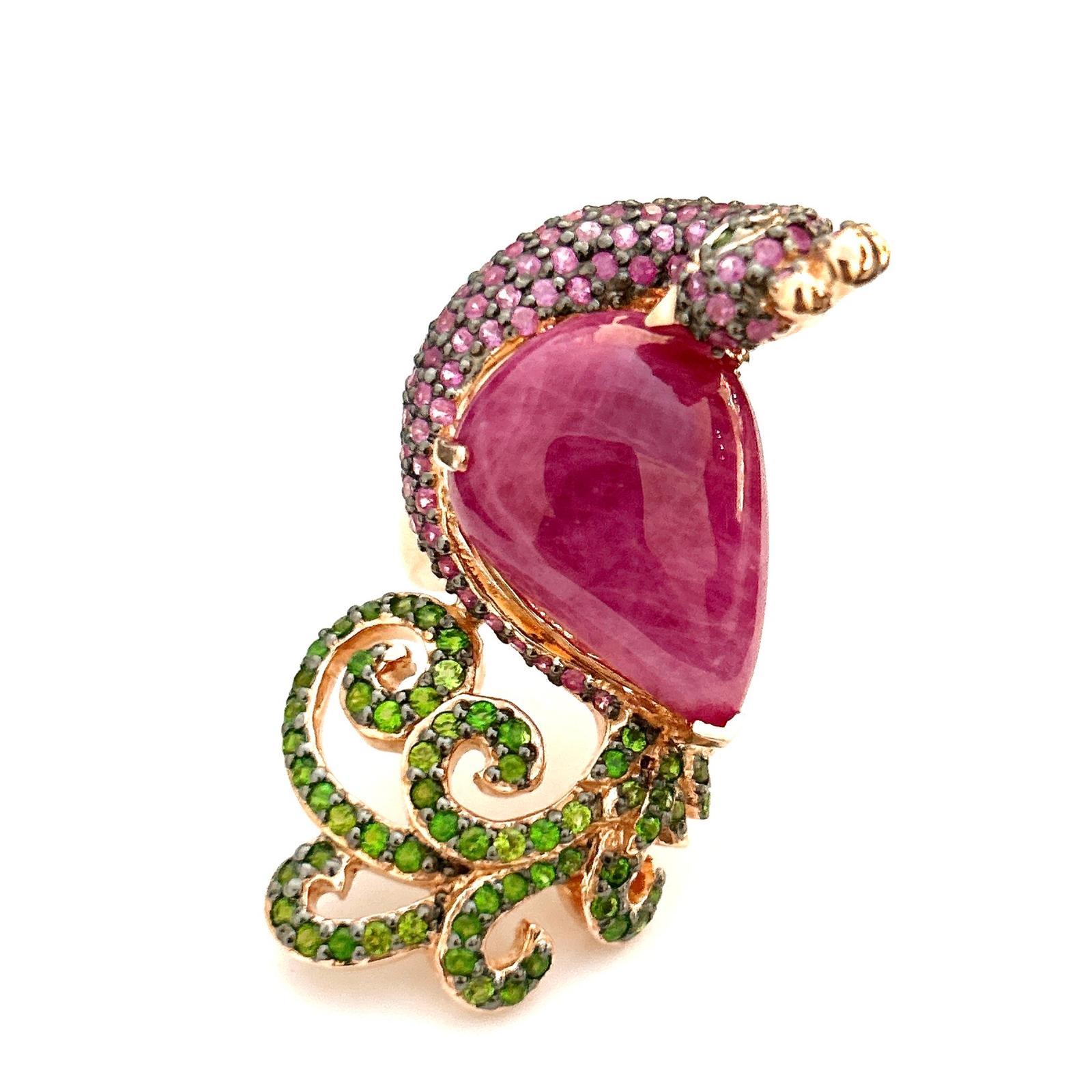 Bochic Orient Smaragd< Rubin & rosa Saphir Ring aus 18 Karat Gold und Silber (Art nouveau) im Angebot