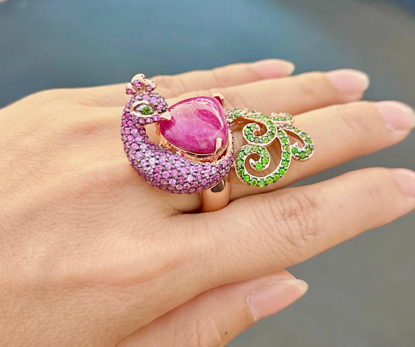Bochic Orient Smaragd< Rubin & rosa Saphir Ring aus 18 Karat Gold und Silber im Angebot 1