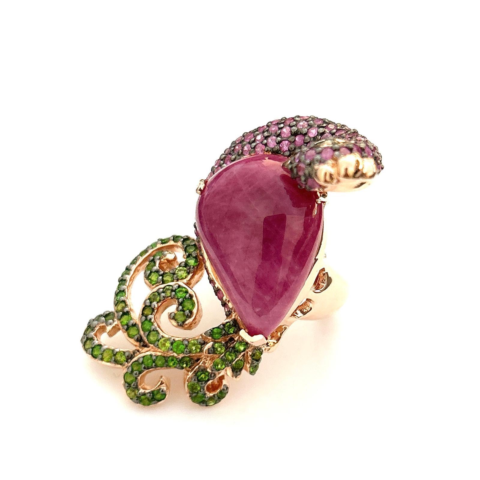 Bochic Orient Smaragd< Rubin & rosa Saphir Ring aus 18 Karat Gold und Silber im Angebot 2