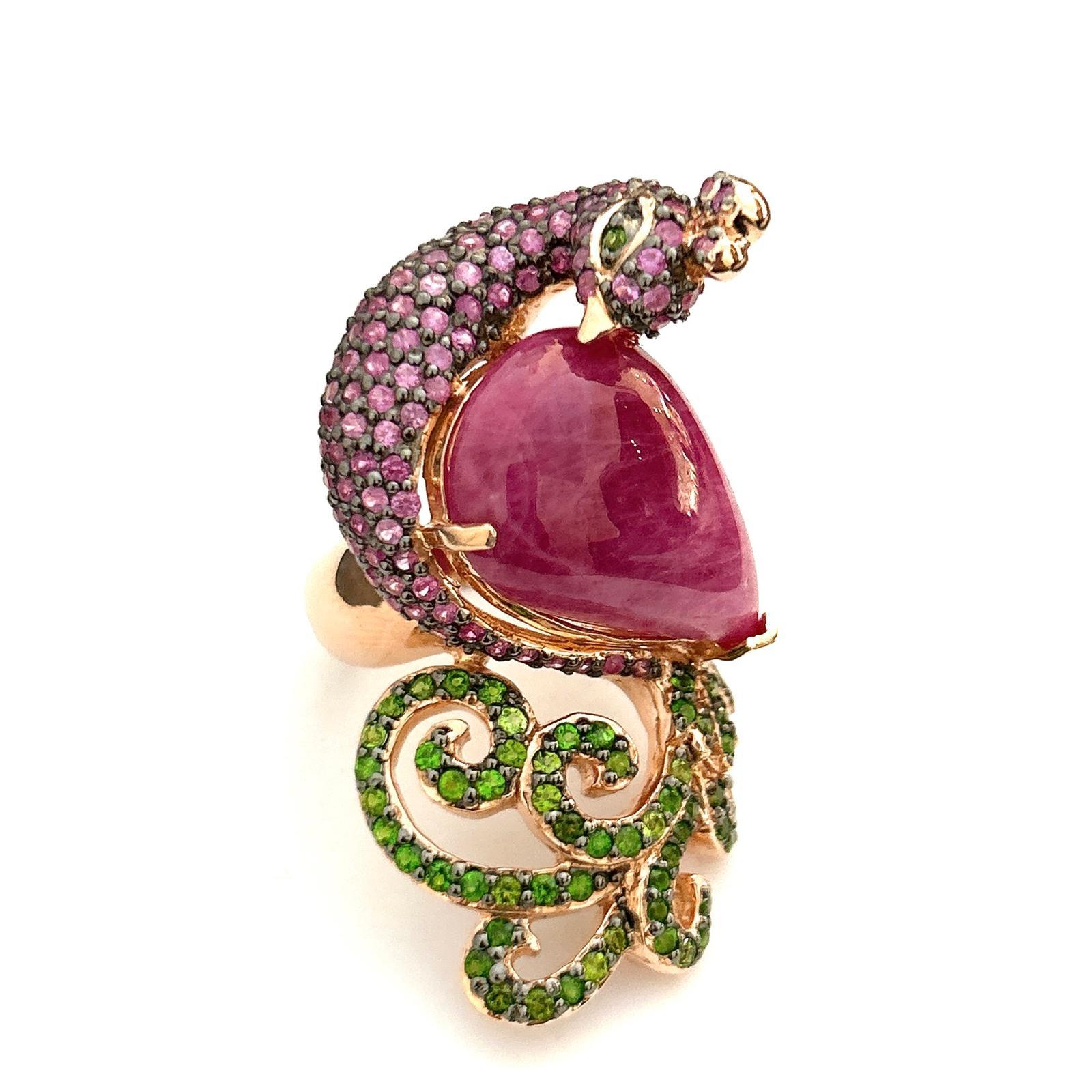 Bochic Orient Smaragd< Rubin & rosa Saphir Ring aus 18 Karat Gold und Silber im Angebot 3