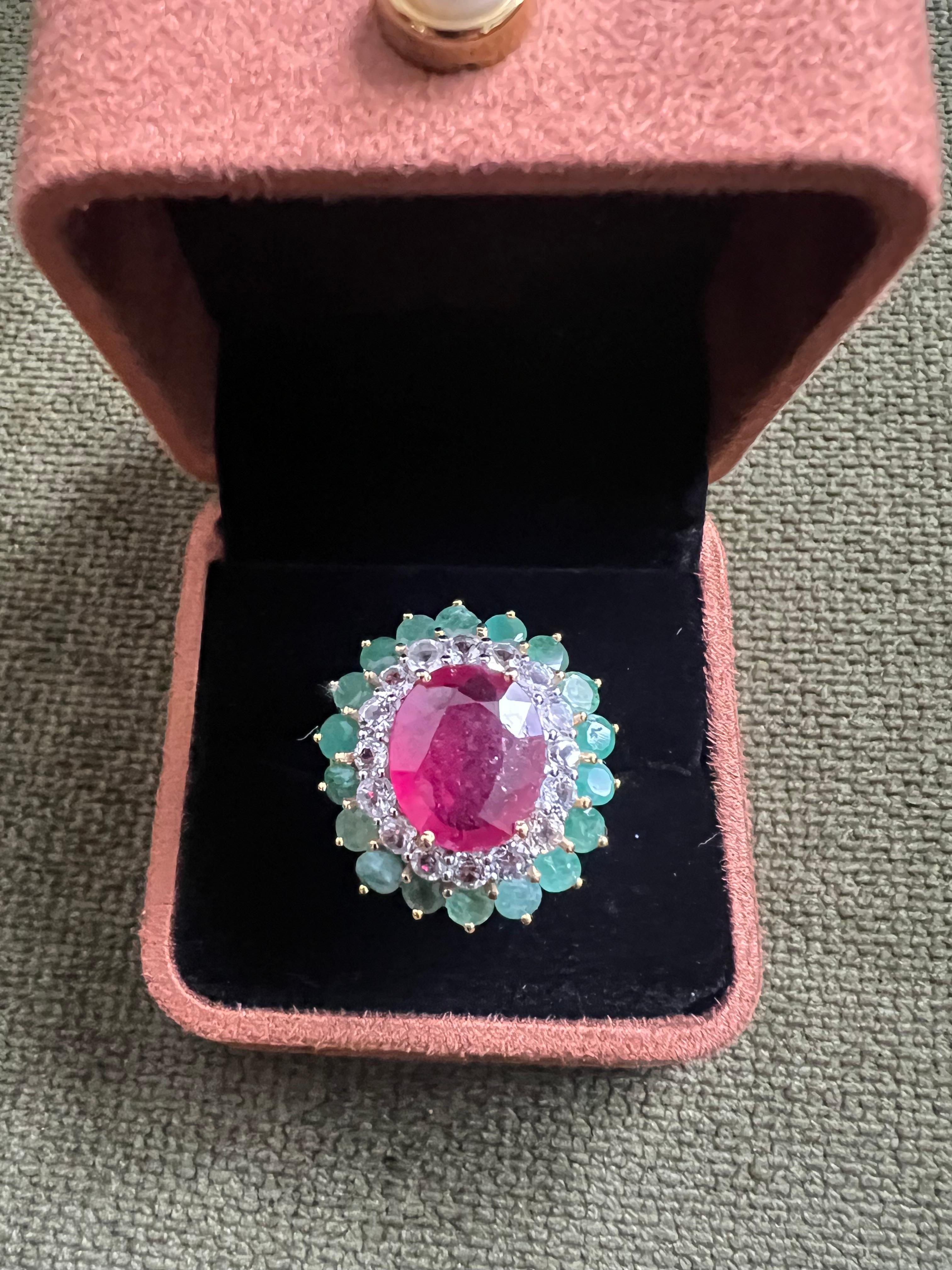 Art Deco Bochic “Orient” Emerald, Ruby & Topaz Ring Set In 18K Gold & Silver For Sale