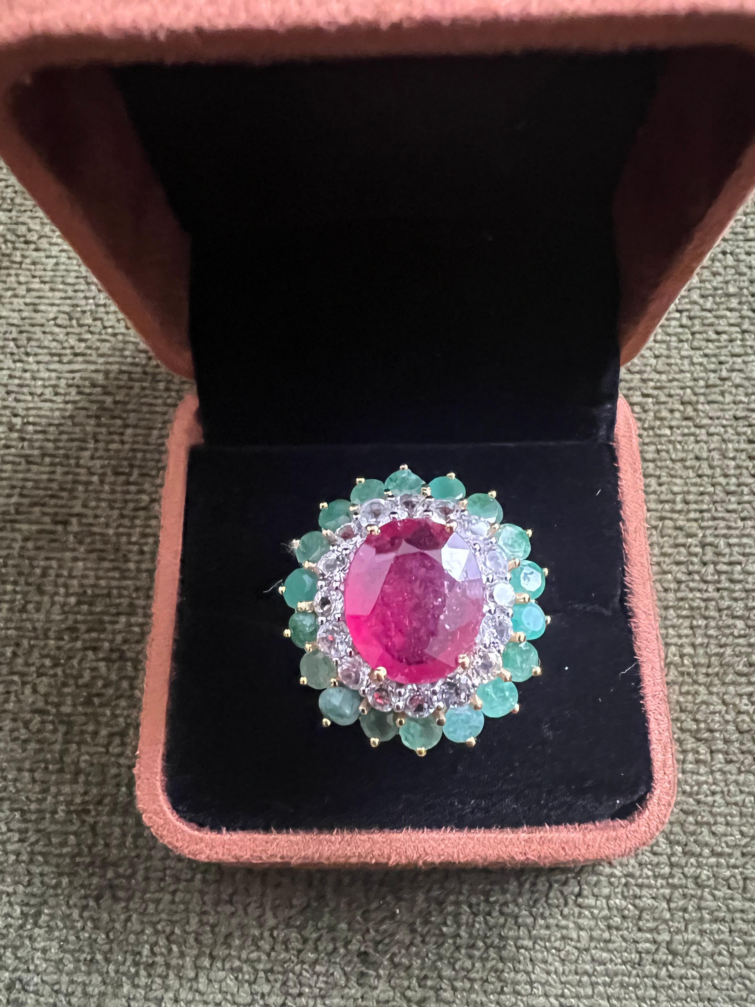 Brilliant Cut Bochic “Orient” Emerald, Ruby & Topaz Ring Set In 18K Gold & Silver For Sale