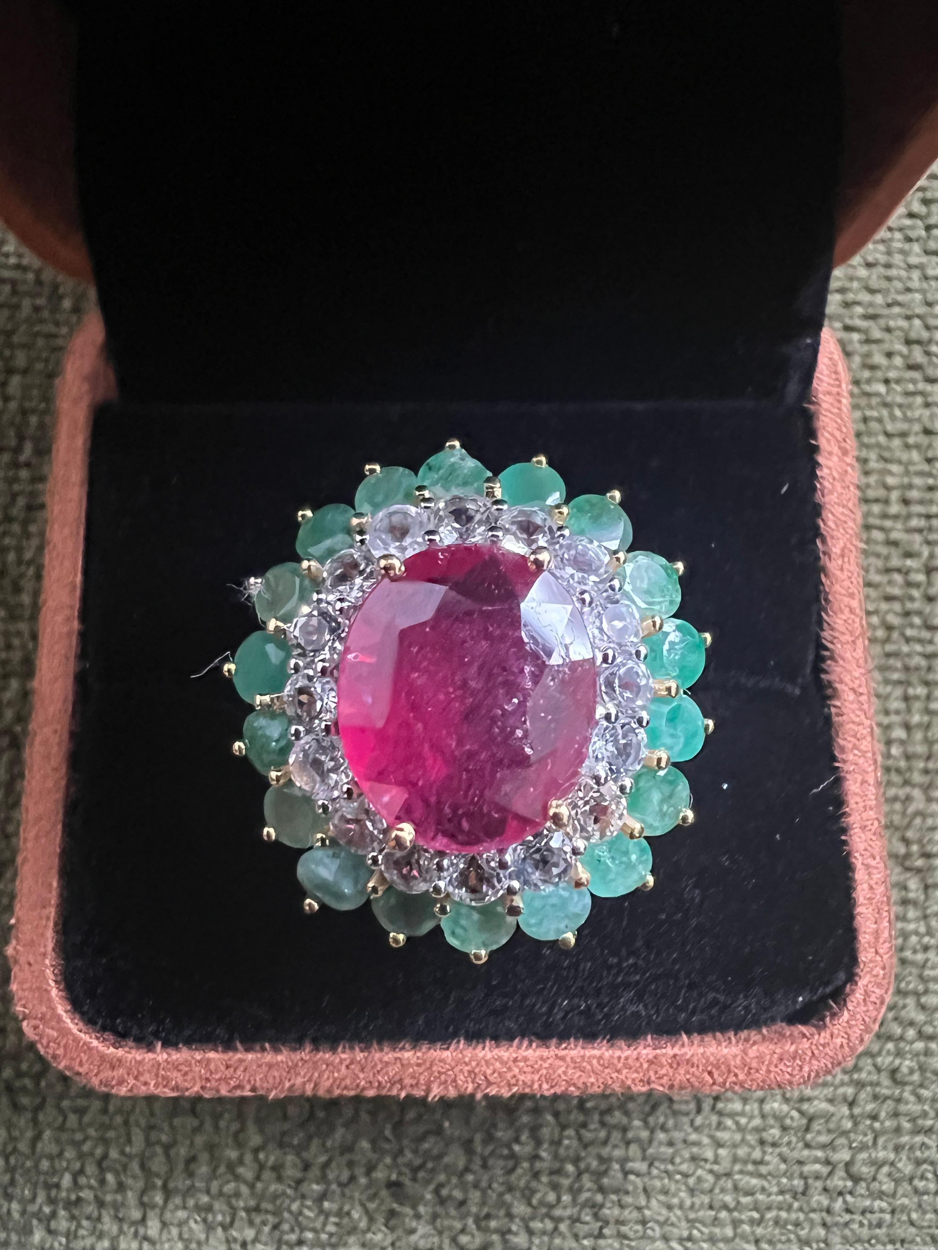 Women's or Men's Bochic “Orient” Emerald, Ruby & Topaz Ring Set In 18K Gold & Silver For Sale