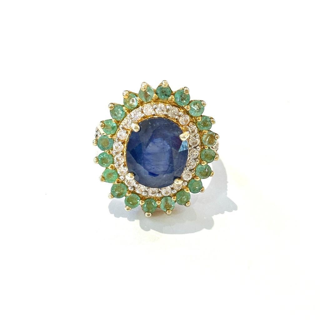 Bochic “Orient” Emerald, Sapphire & Diamond  Ring Set In 18K Gold & Silver For Sale 4