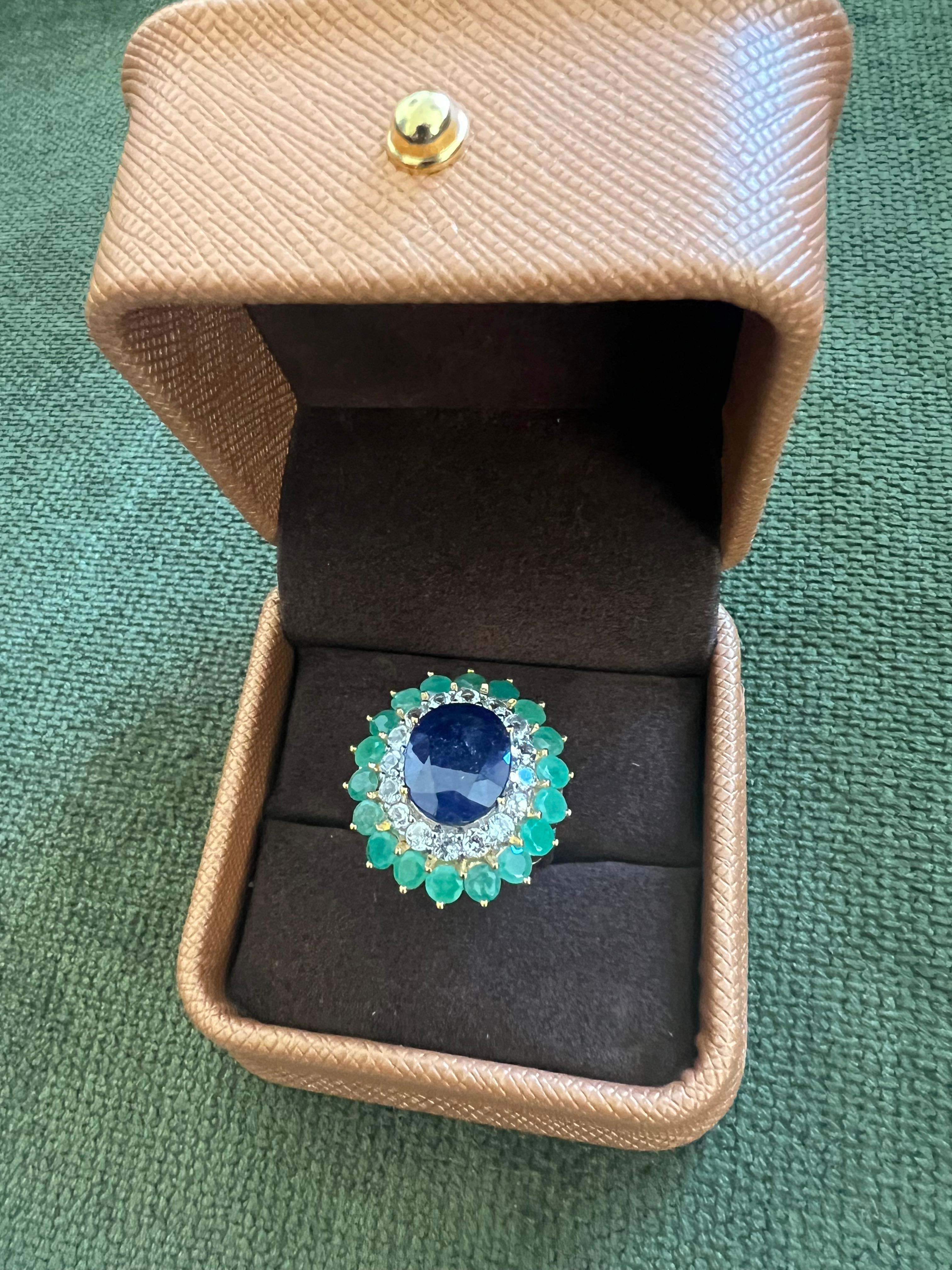 Bochic “Orient” Emerald, Sapphire & Diamond  Ring Set In 18K Gold & Silver For Sale 9