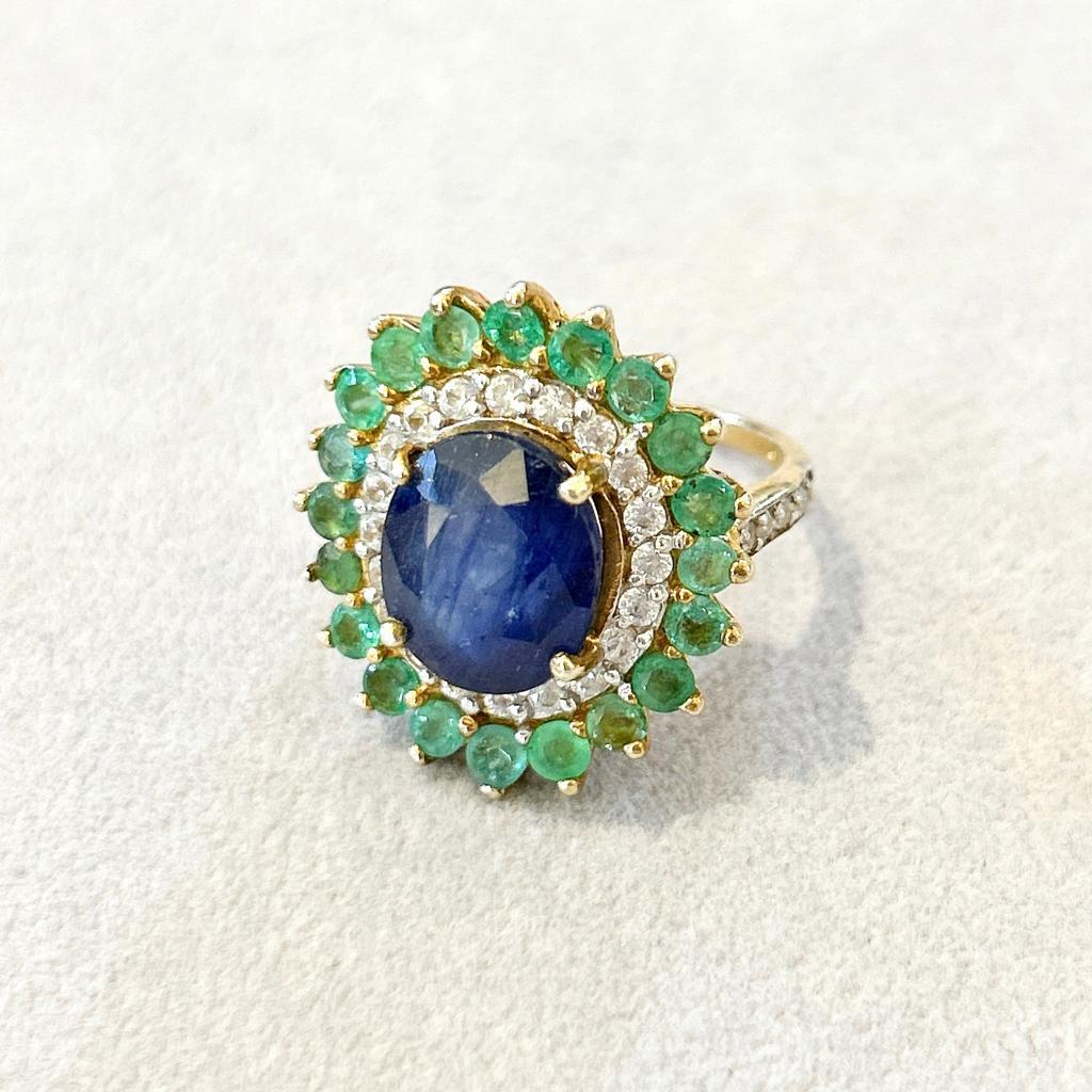 Bochic “Orient” Emerald, Sapphire & Diamond  Ring Set In 18K Gold & Silver In New Condition For Sale In New York, NY