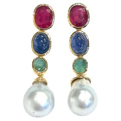 Juego de Pendientes Bochic "Oriente" Esmeralda, Zafiro, Perlas y Rubí Oro de 18 quilates y Plata