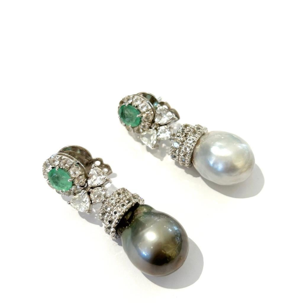 Baroque Bochic “Orient” Emerald & South Sea Pearl Earrings Set In 18K Gold & Silver 