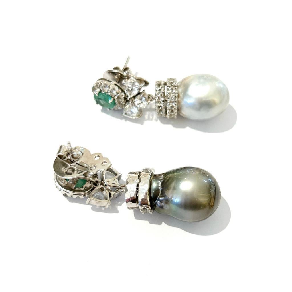 Emerald Cut Bochic “Orient” Emerald & South Sea Pearl Earrings Set In 18K Gold & Silver 