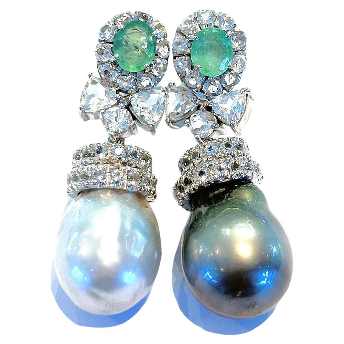 Bochic “Orient” Emerald & South Sea Pearl Earrings Set In 18K Gold & Silver 