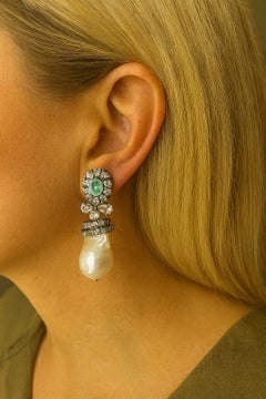 Bochic “Orient” Emerald & South Sea Pearl Earrings Set In 18K Gold & Silver