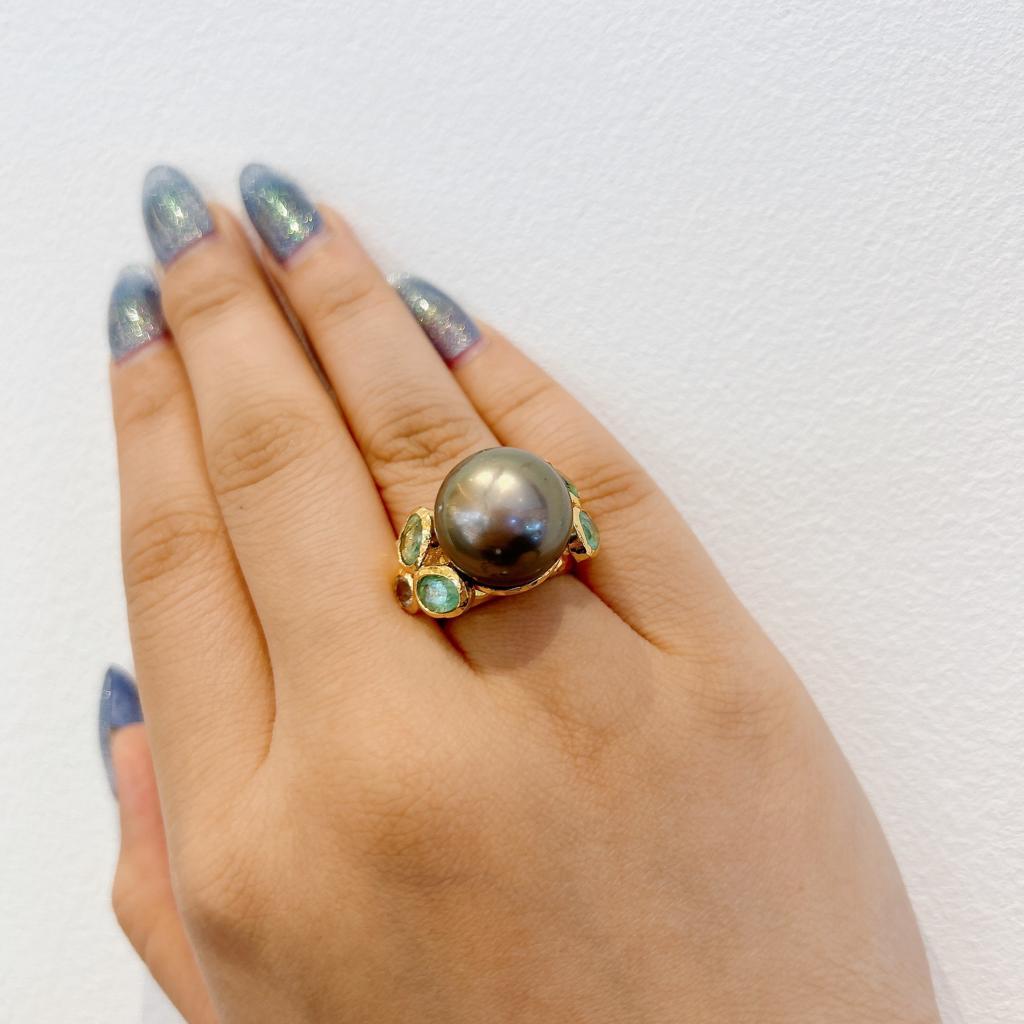 Baroque Bochic “Orient” Emerald & South Sea Pearl Ring Set In 18K Gold & Silver  For Sale