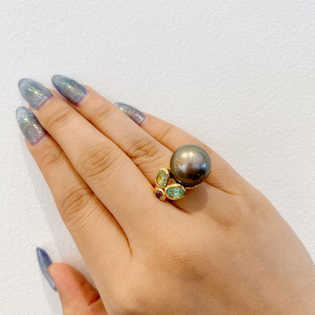 Oval Cut Bochic “Orient” Emerald & South Sea Pearl Ring Set In 18K Gold & Silver  For Sale