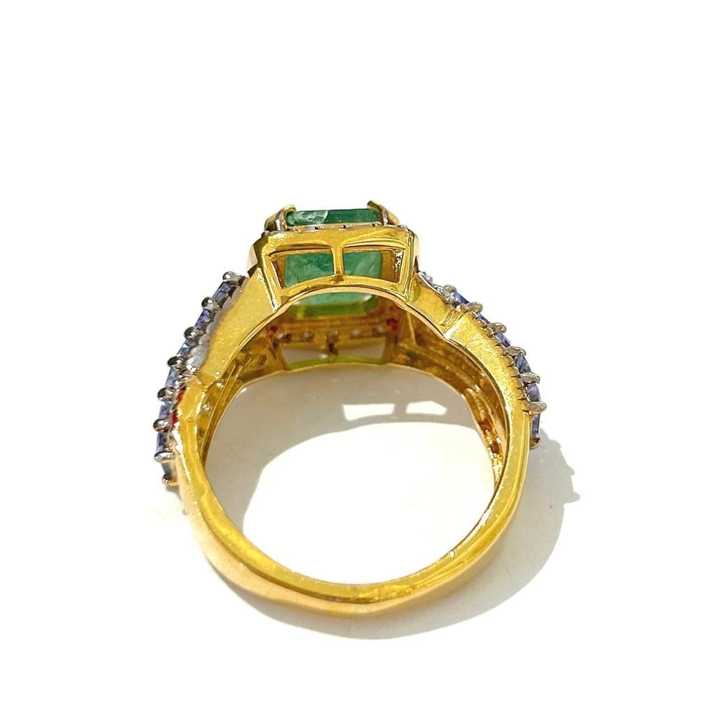 Emerald Cut Bochic “Orient” Emerald, Tanzanite & Diamond  Ring Set In 18K Gold & Silver  For Sale