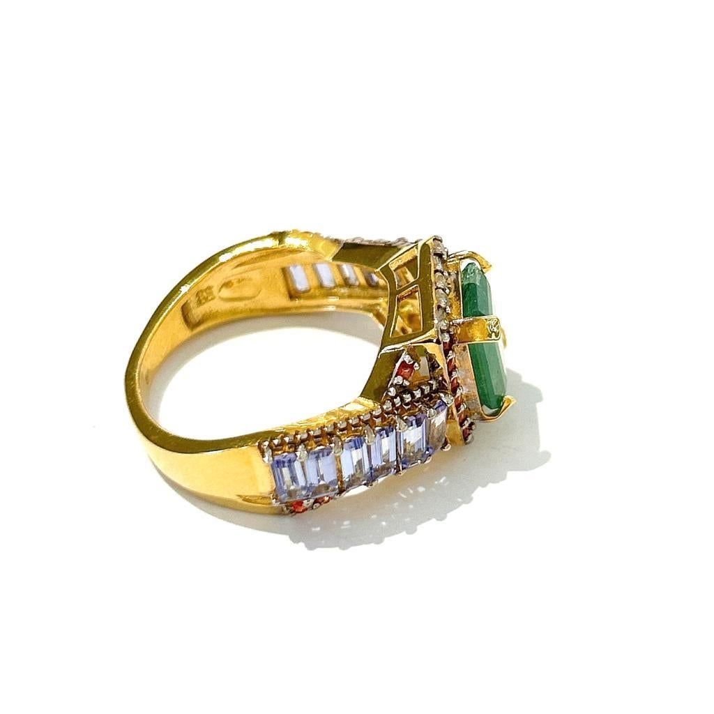 Bochic Orient Smaragd, Tansanit und Diamant  Ring aus 18 Karat Gold und Silber  Damen im Angebot