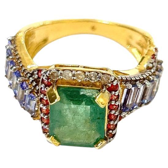 Bochic “Orient” Emerald, Tanzanite & Diamond  Ring Set In 18K Gold & Silver  For Sale