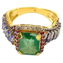 Bochic “Orient” Emerald, Tanzanite & Diamond  Ring Set In 18K Gold & Silver