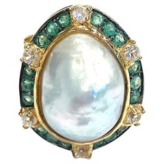 Bochic “Orient” Emerald, Topaz & Pearl Cocktail Ring Set In 18K Gold & Silver