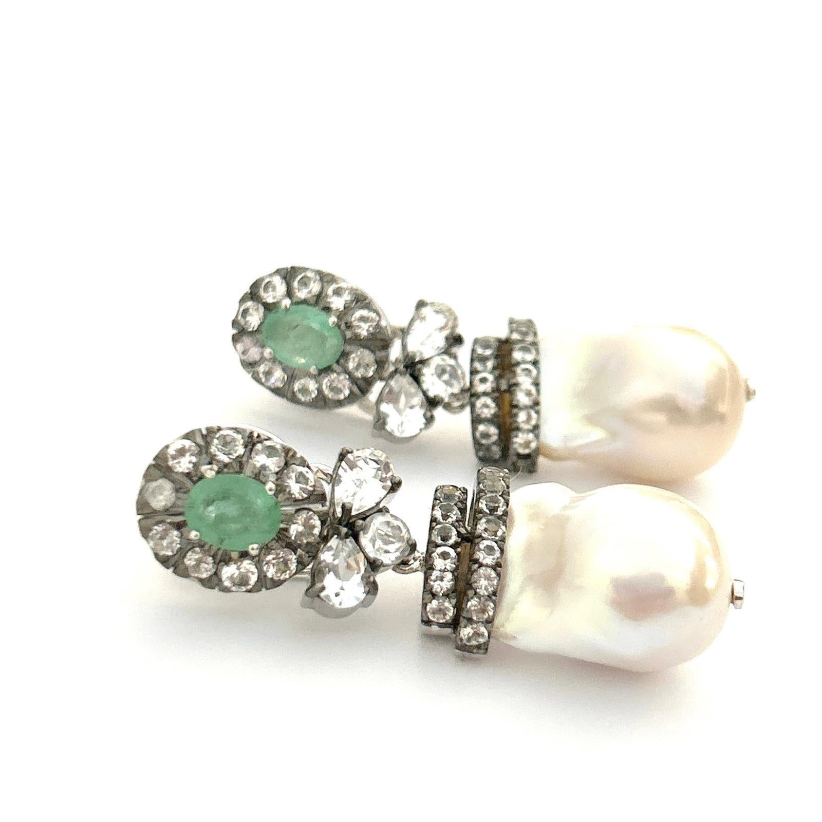 Art Deco Bochic “Orient” Emerald, Topaz & White Pearls Earrings Set 18K Gold&Silver For Sale