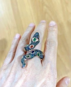 Ensemble bague cocktail Bochic Orient émaillée et saphirs fantaisie Serpent 18 carats et argenté