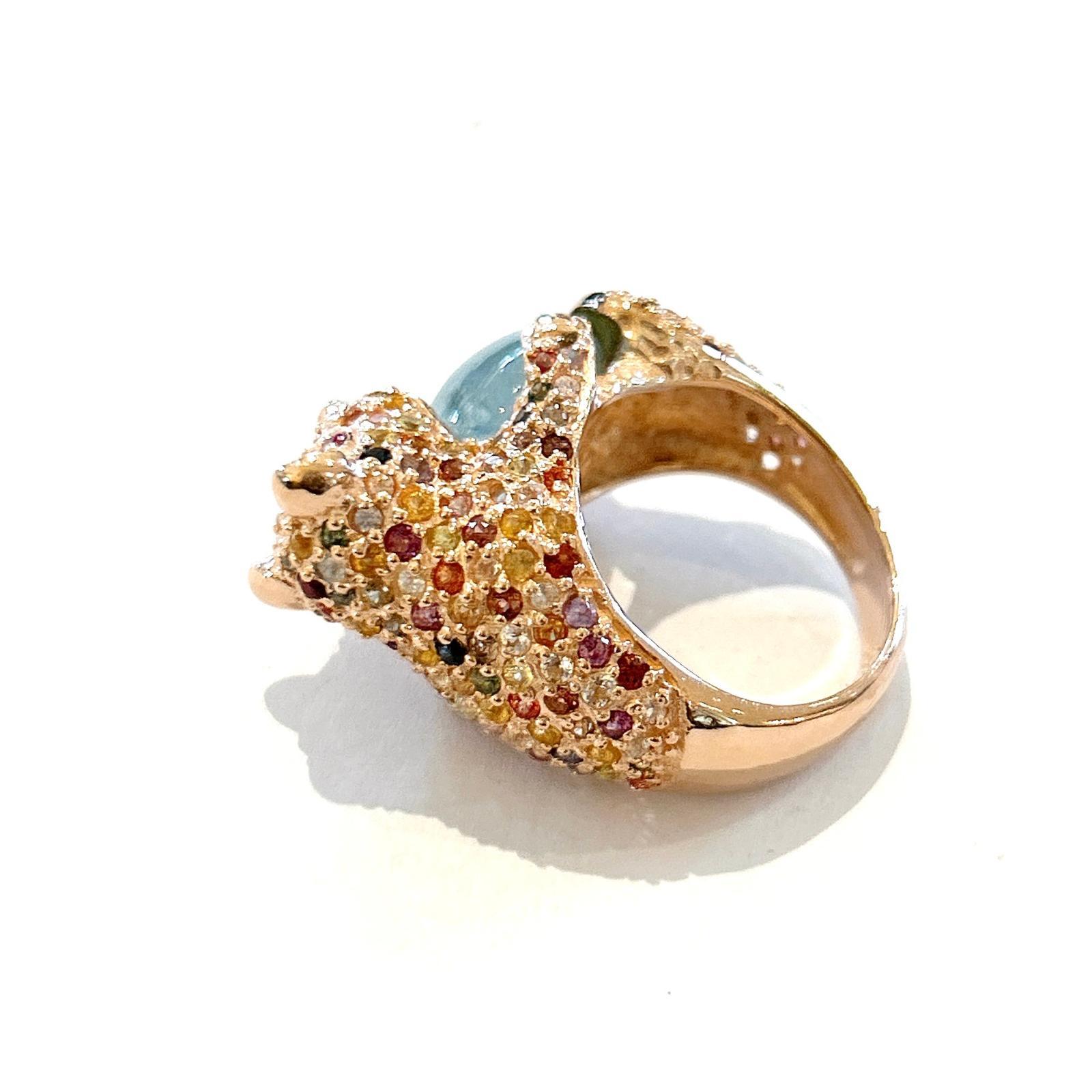 Belle Époque Bochic “Orient” Fancy Color Sapphires &  Aquamarine Ring Set 18K Gold & Silver For Sale