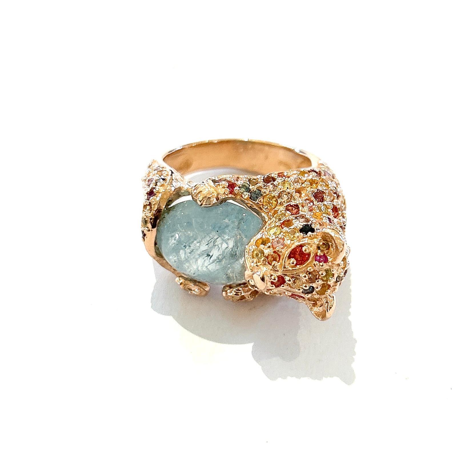 Cabochon Bochic “Orient” Fancy Color Sapphires &  Aquamarine Ring Set 18K Gold & Silver For Sale