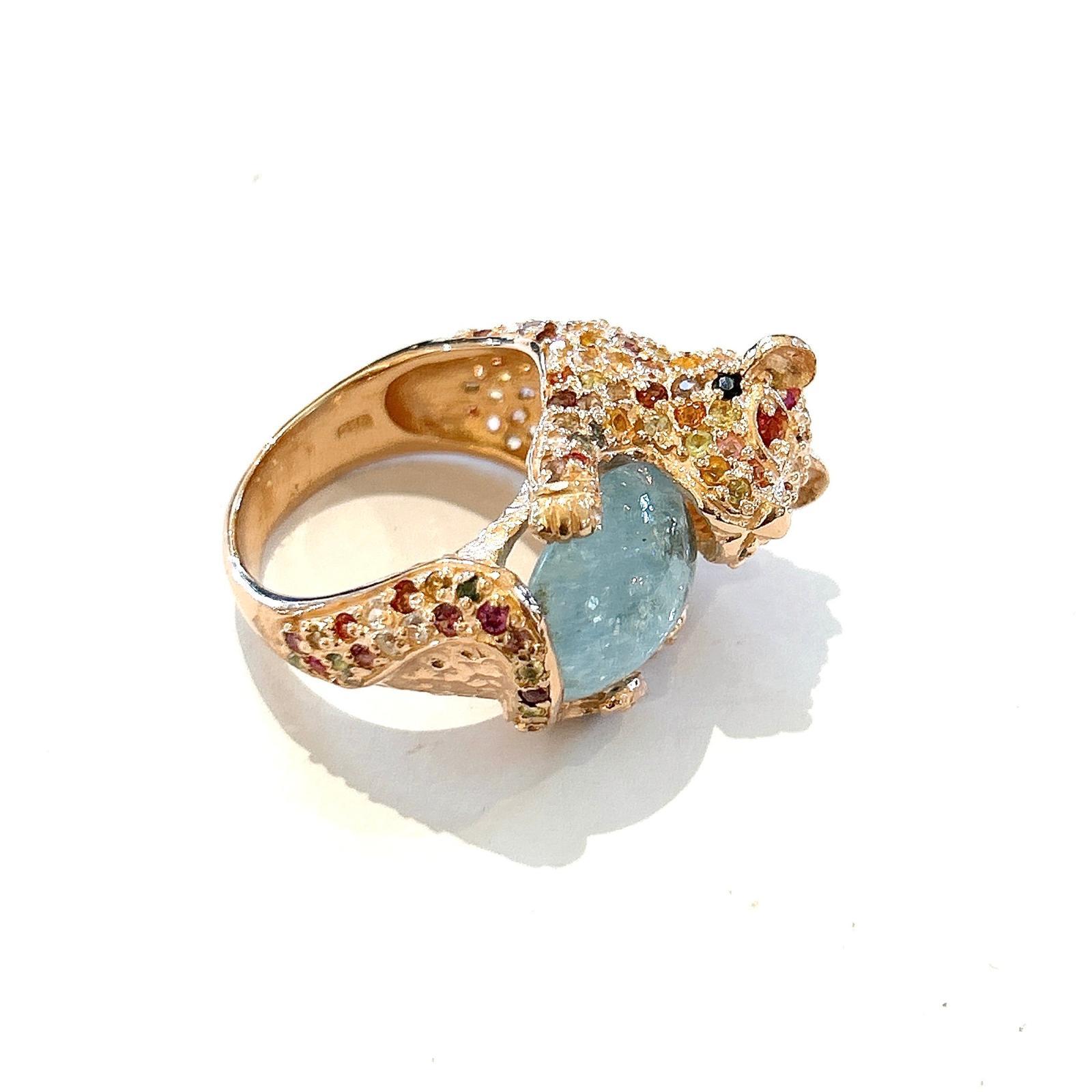 Bochic “Orient” Fancy Color Sapphires &  Aquamarine Ring Set 18K Gold & Silver For Sale 2