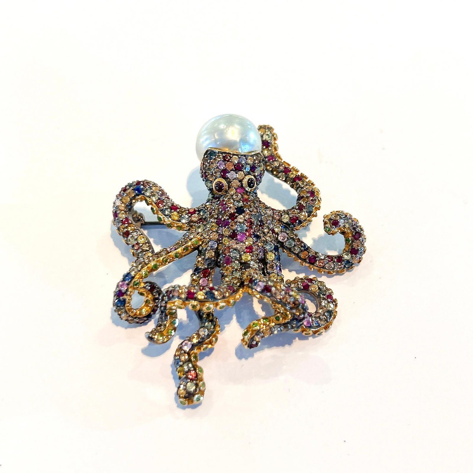 Bochic “Orient” Fancy Multi Color Sapphire & South Seal Baroque Pearl Brooch For Sale 2
