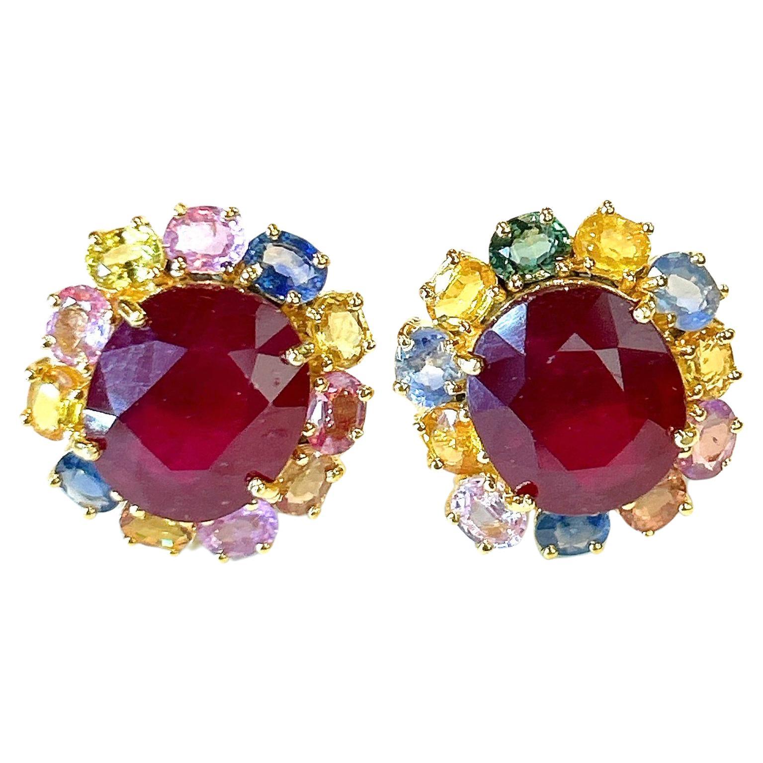 Bochic “Orient” Fancy Sapphire & Ruby Earrings Set 18K Gold&Silver