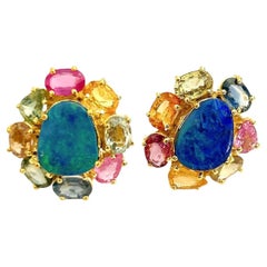 Pendientes Bochic "Oriente" Fantasía Zafiro, Rubí y Ópalo 18K Oro y Plata
