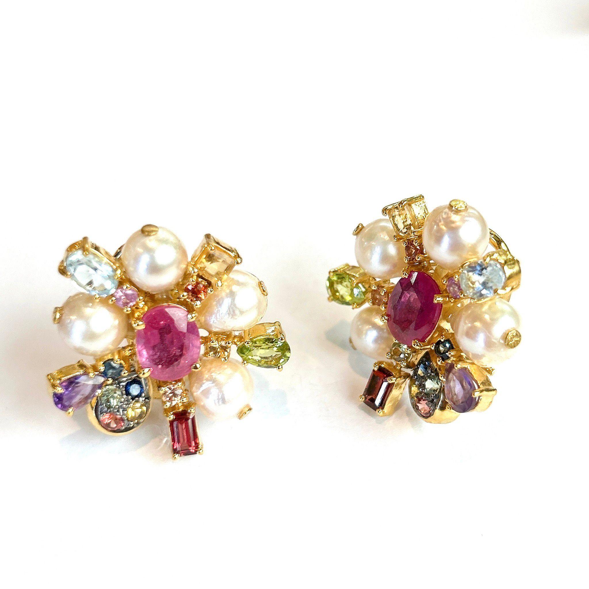 Women's or Men's Bochic “Orient” Fancy Sapphire, Ruby & Pearl Earrings Set 18K Gold & Silver
