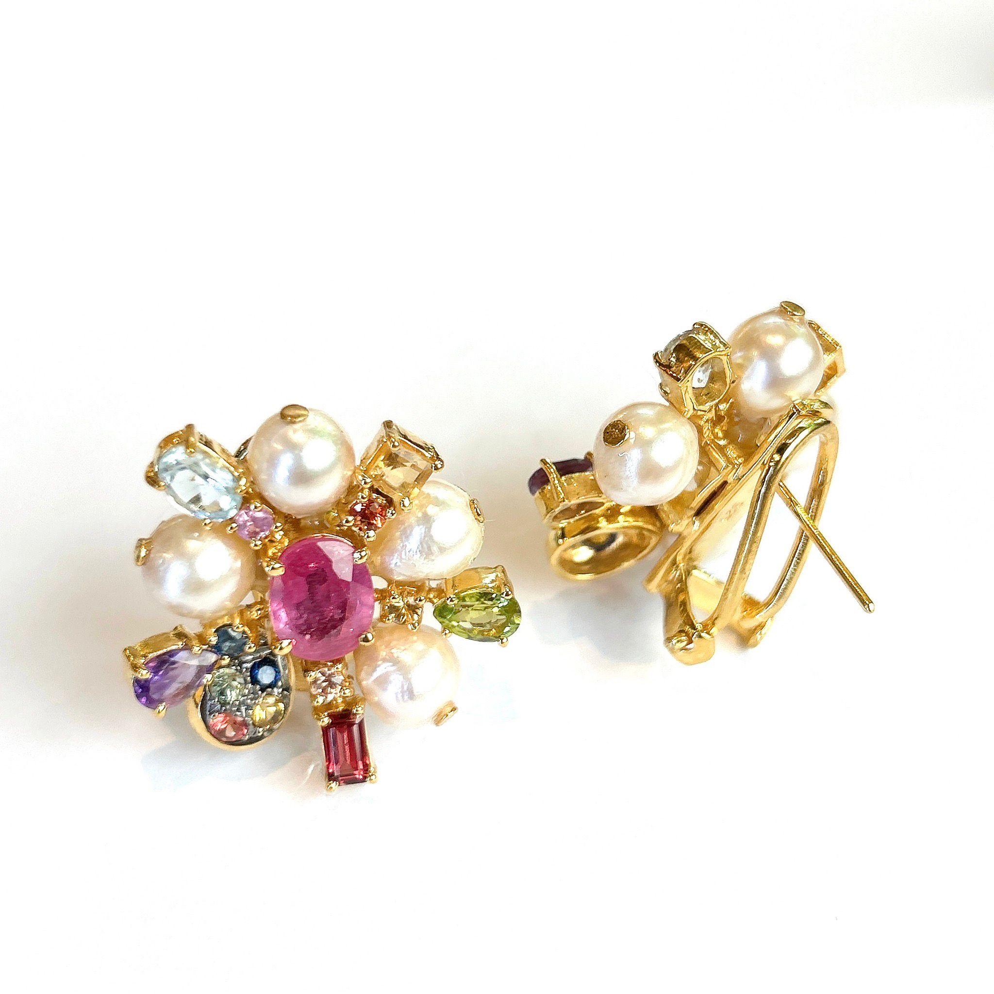 Bochic “Orient” Fancy Sapphire, Ruby & Pearl Earrings Set 18K Gold & Silver 2