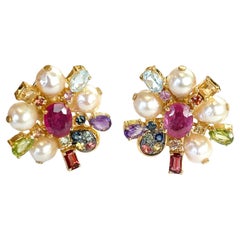 Bochic “Orient” Fancy Sapphire, Ruby & Pearl Earrings Set 18K Gold & Silver