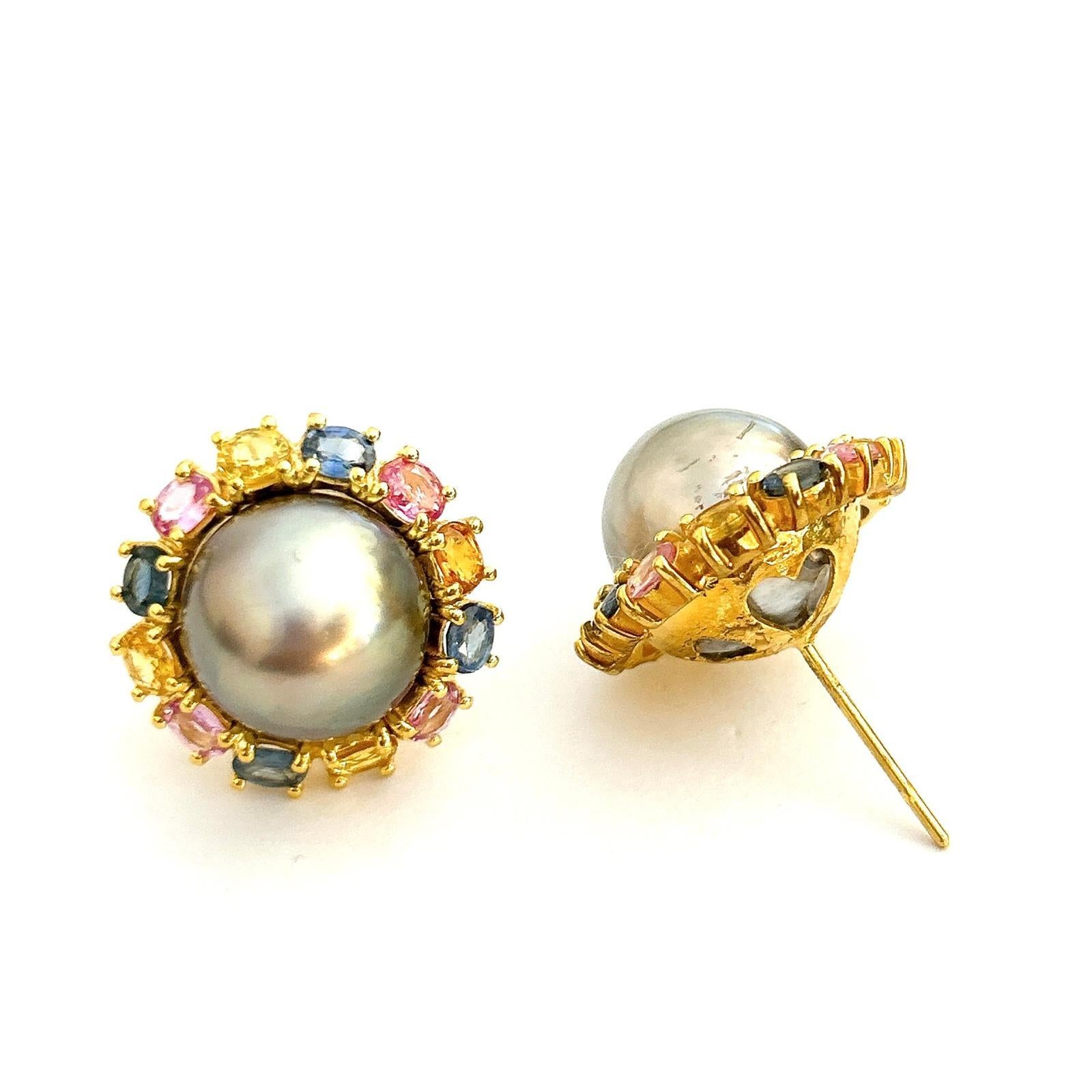 Baroque Bochic “Orient” Fancy Sapphire & South Sea Pearl Earrings Set 18K Gold & Silver For Sale