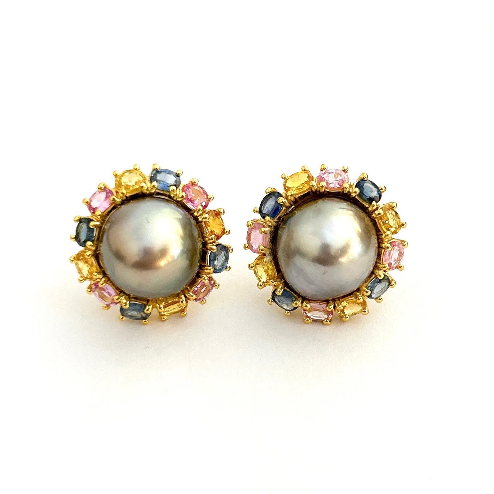 Bochic “Orient” Fancy Sapphire & South Sea Pearl Earrings Set 18K Gold & Silver For Sale 1