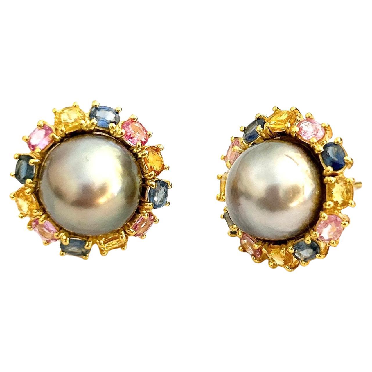 Bochic “Orient” Fancy Sapphire & South Sea Pearl Earrings Set 18K Gold & Silver