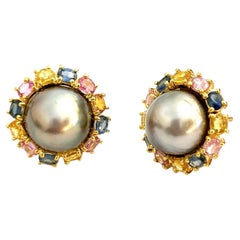 Bochic “Orient” Fancy Sapphire & South Sea Pearl Earrings Set 18K Gold & Silver