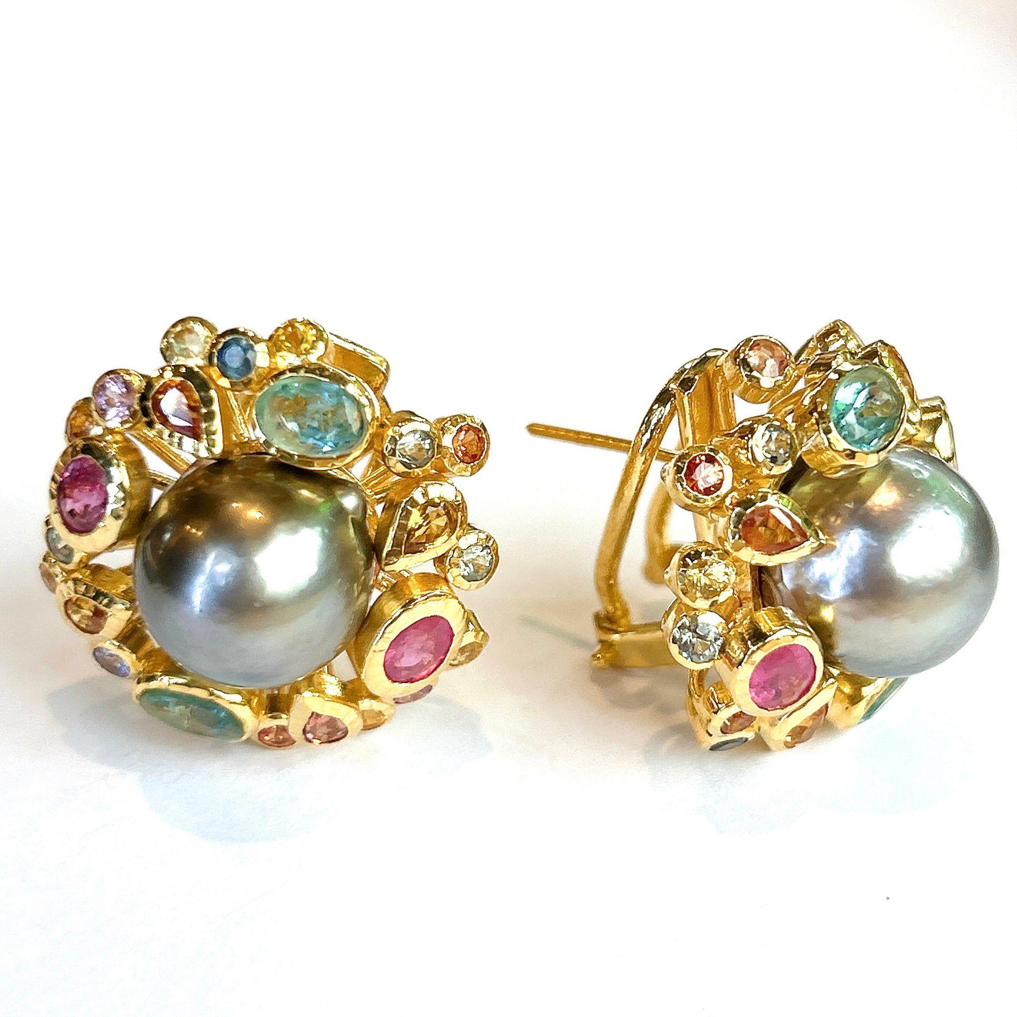 Baroque Bochic “Orient” Fancy Sapphire & South Sea Pearl Earrings Set 18K Gold&Silver For Sale