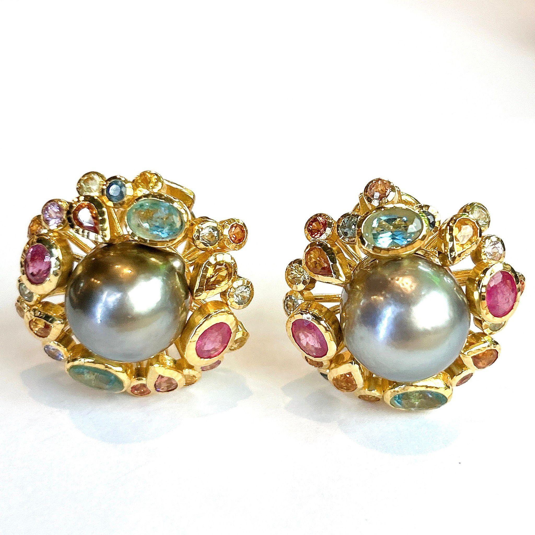 Brilliant Cut Bochic “Orient” Fancy Sapphire & South Sea Pearl Earrings Set 18K Gold&Silver For Sale