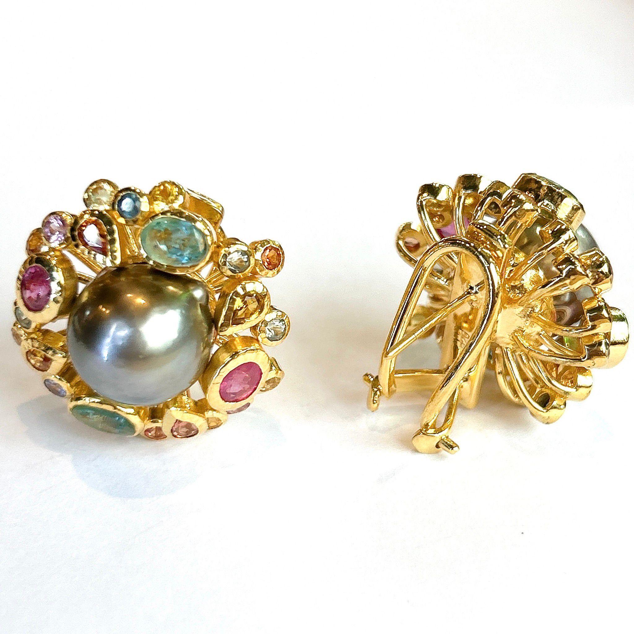 Bochic “Orient” Fancy Sapphire & South Sea Pearl Earrings Set 18K Gold&Silver In New Condition For Sale In New York, NY