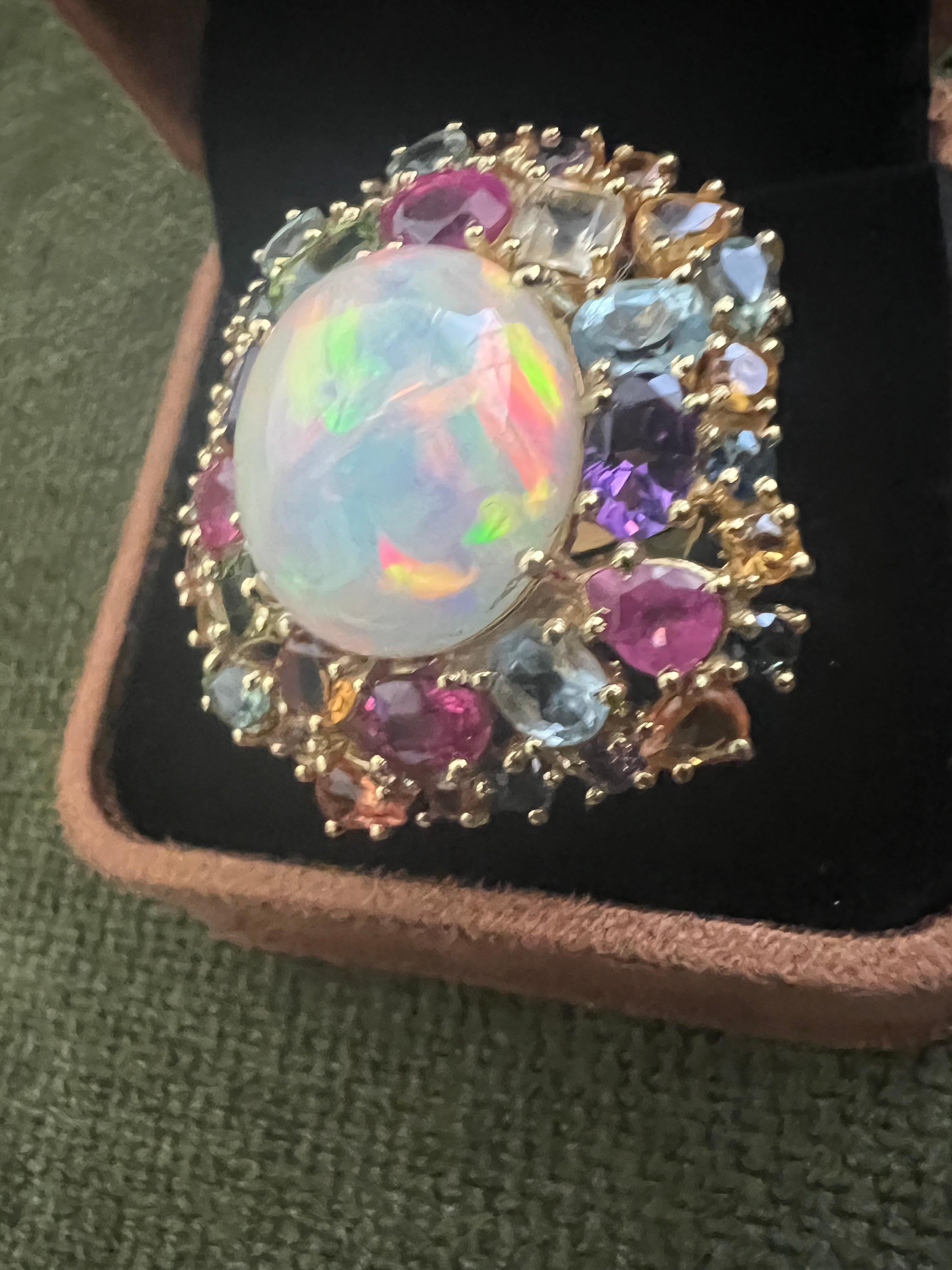 Bochic “Orient” Fire Opal, Multi Gem & Sapphire Ring Set In 18K Gold & Silver For Sale 4