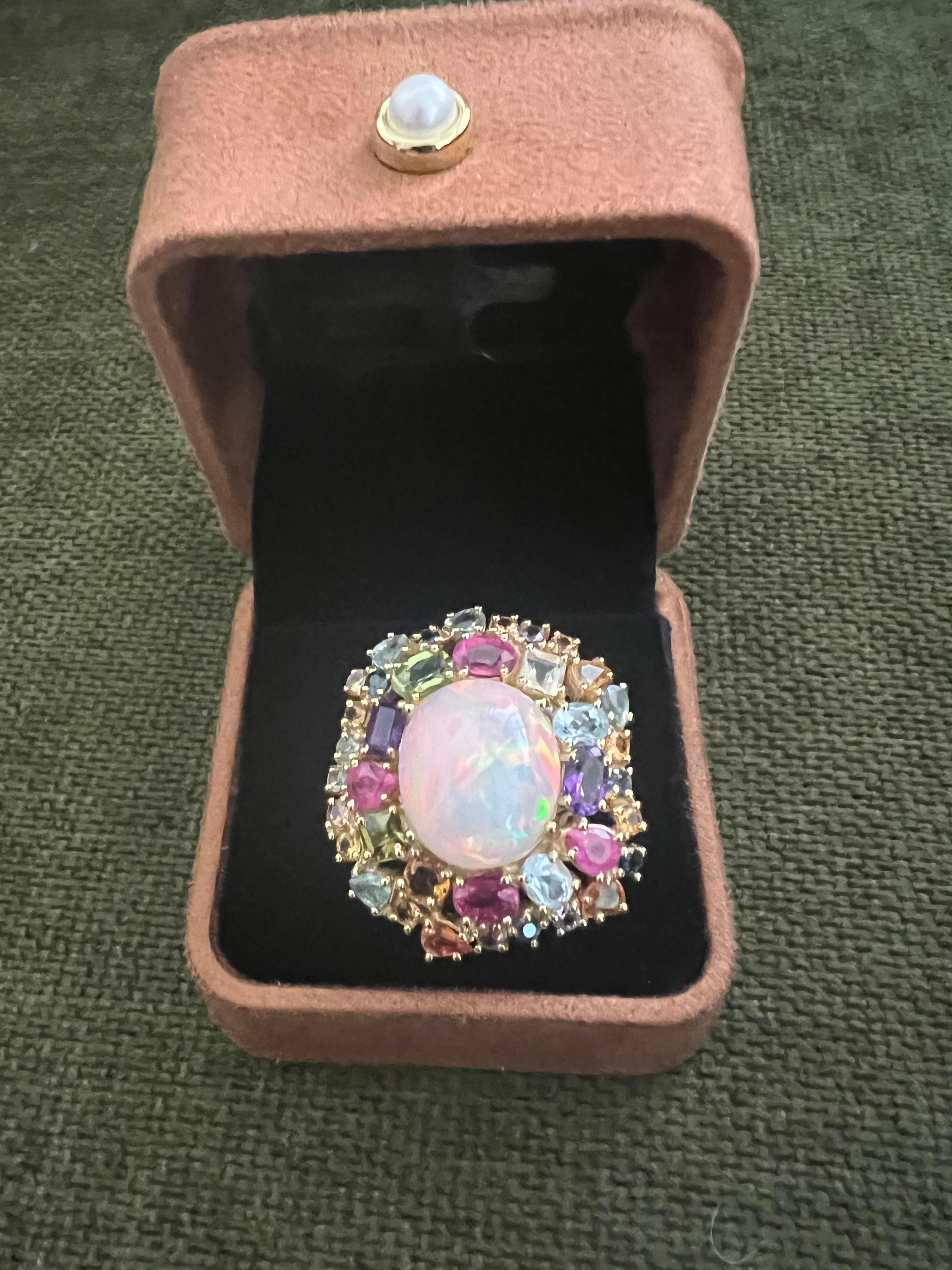 Anglo-Indian Bochic “Orient” Fire Opal, Multi Gem & Sapphire Ring Set In 18K Gold & Silver For Sale