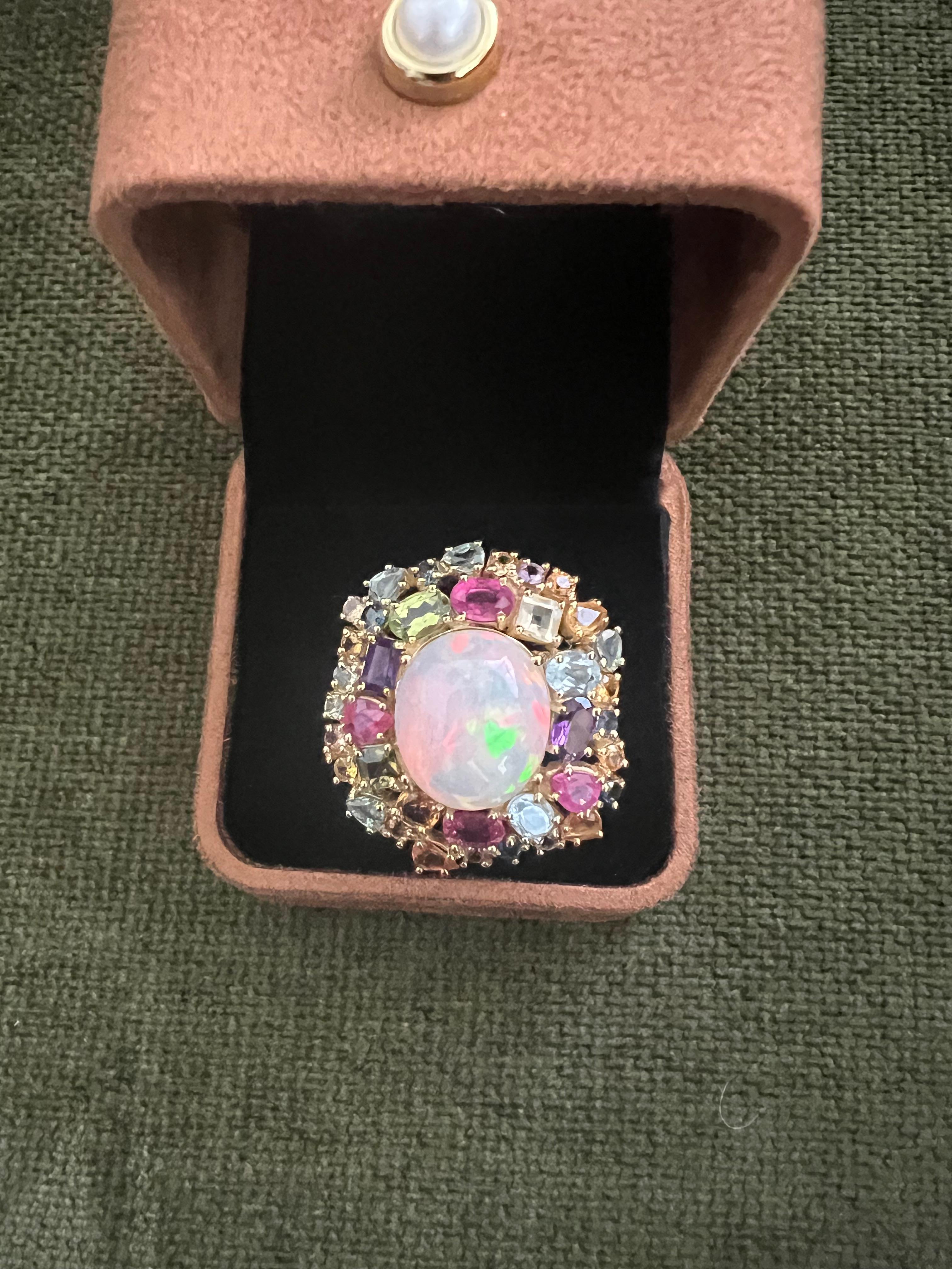 Brilliant Cut Bochic “Orient” Fire Opal, Multi Gem & Sapphire Ring Set In 18K Gold & Silver For Sale