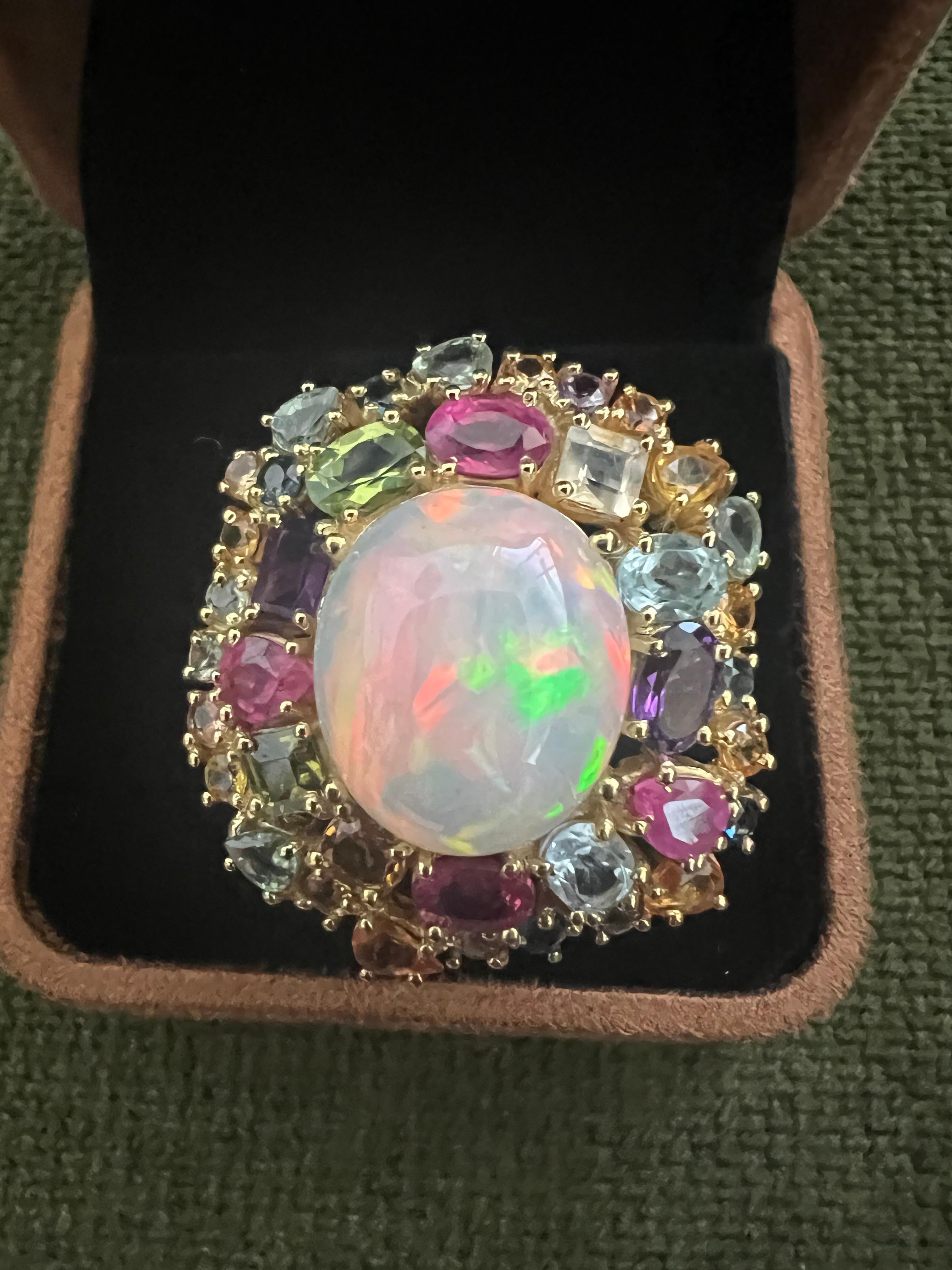 Women's or Men's Bochic “Orient” Fire Opal, Multi Gem & Sapphire Ring Set In 18K Gold & Silver For Sale